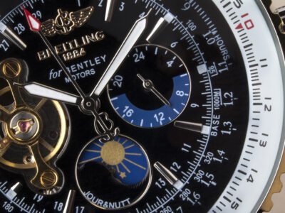 Close-up of an expensive Swiss made Breitling chronograph wristwatch.